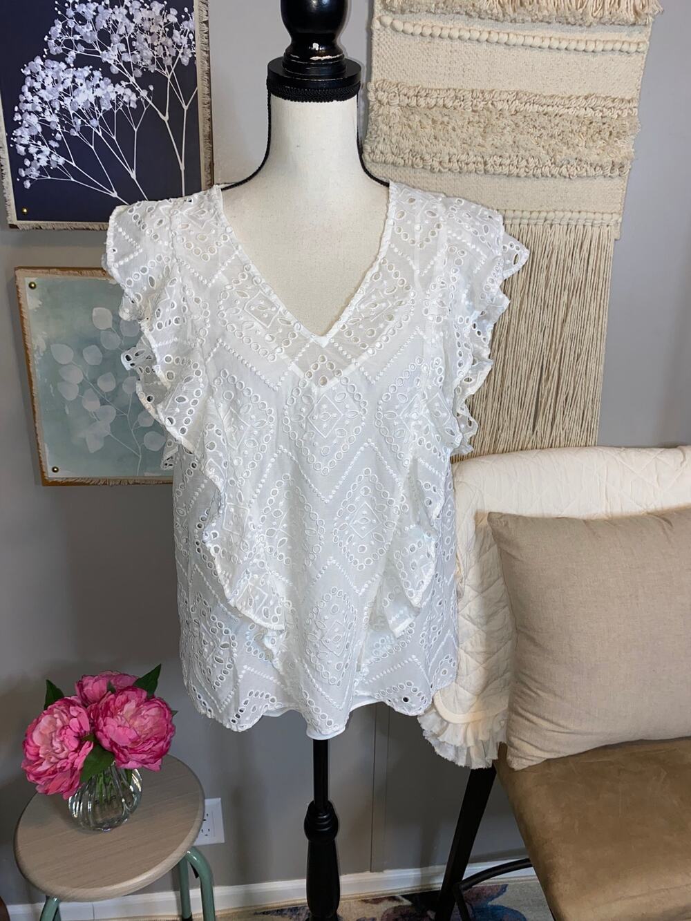 WHBM White Eyelet Embroidered Flutter Sleeve Blouse Cami Set L Boho Cottagecore